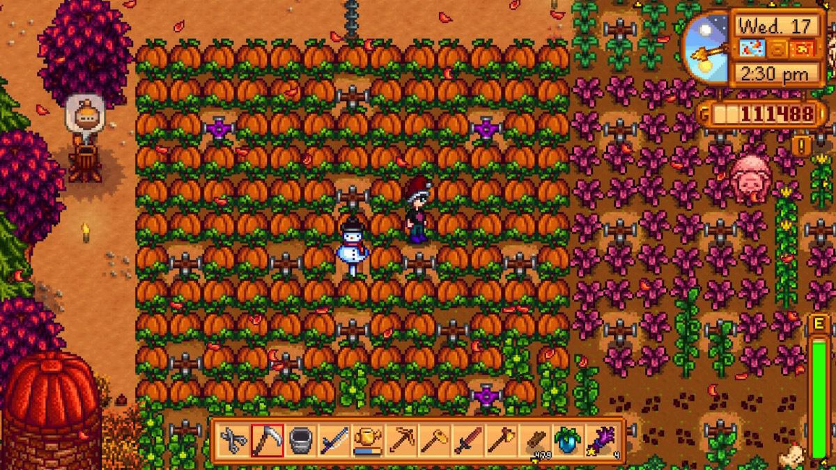 Stardew Valley screenshot, with character in the midle of field full of pumpkins