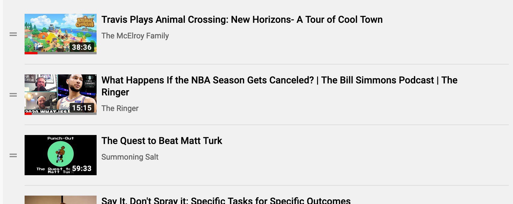 Screenshot of three things in my YouTube “watch later” list